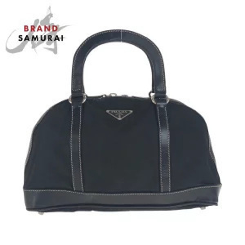 Prada Tessuto Triangle Plate Black Leather Handbag Boston Bag